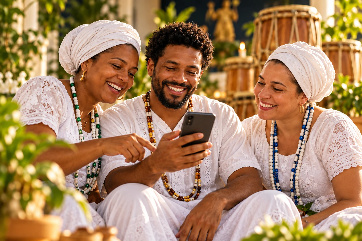 Pessoas da comunidade, vestidas de branco, acompanhando juntas um celular